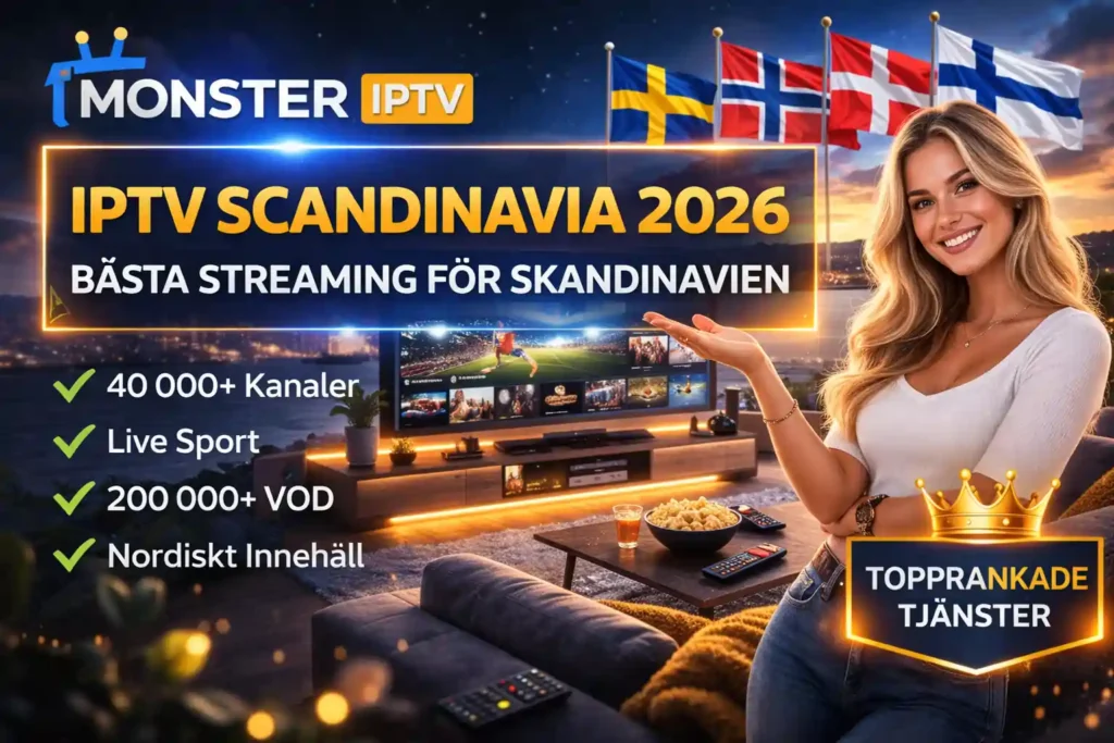 IPTV Scandinavia 2026 med Monster IPTV streaming tjänst för Sverige Norge och Danmark i HD och 4K